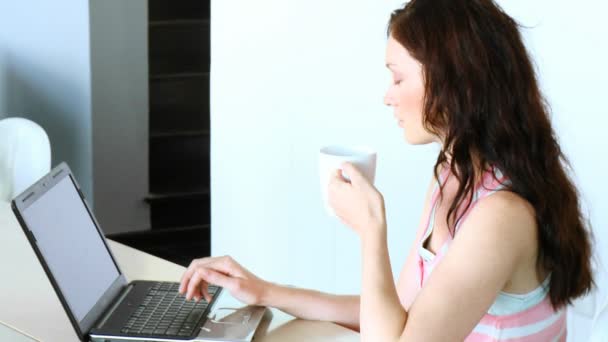 Vrouw met behulp van een laptop en koffie drinken. mededeling van de samenleving — Stockvideo