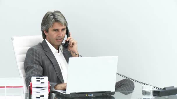Executivo sério no telefone trabalhando em um laptop — Vídeo de Stock