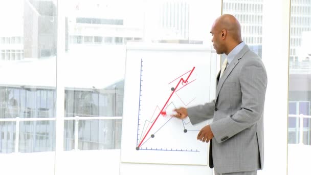 Confident businessman reporting statistics — Stock Video