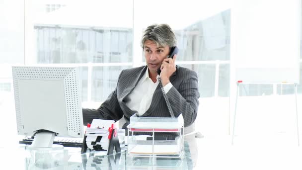 Hombre de negocios afortunado en el teléfono celebrando un éxito — Vídeos de Stock