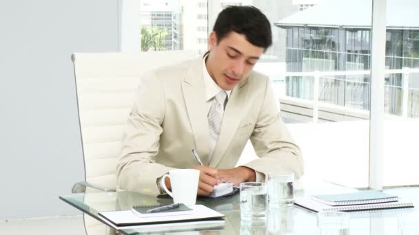 Empresario concentrado escribiendo en su agenda — Vídeos de Stock