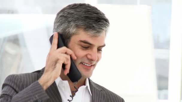 Энтузиастичный бизнесмен разговаривает по телефону — стоковое видео