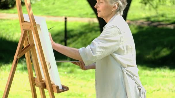 Anciana pintando un lienzo blanco en el Parque — Vídeos de Stock