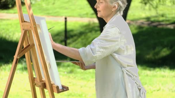 Elderly female painting a canvas — Stock Video