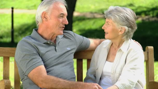 Oude man praten met zijn vrouw op een bankje — Stockvideo