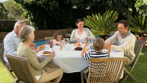 Familjen åt middag i trädgården — Stockvideo