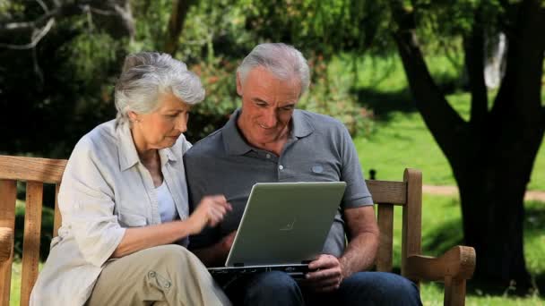 Oudere man en vrouw die een laptop zittend op een bankje kijken — Stockvideo