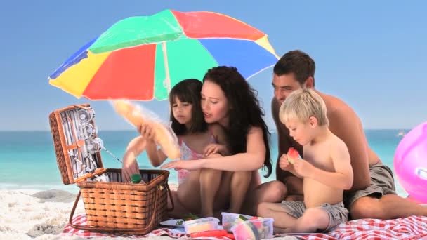 Famille mignonne ayant un pique-nique sur la plage — Video