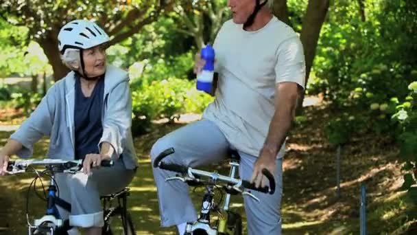 Casal sênior em bicicletas fazendo uma pausa — Vídeo de Stock