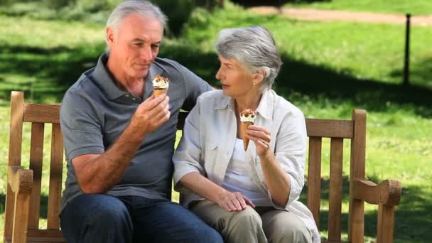 Viejo disfrutando de helado con su esposa en un banco — Vídeo de stock