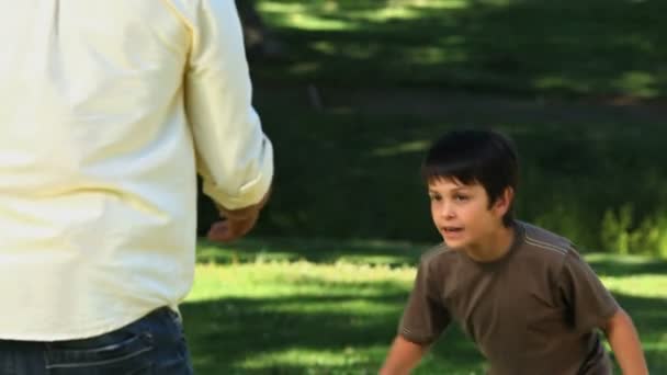 Baba ile oğlu bir futbol topu ile oynarken — Stok video
