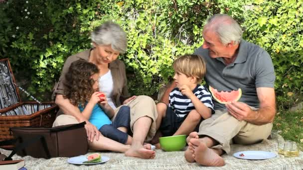 祖父母和 grandchilds 野餐 — 图库视频影像