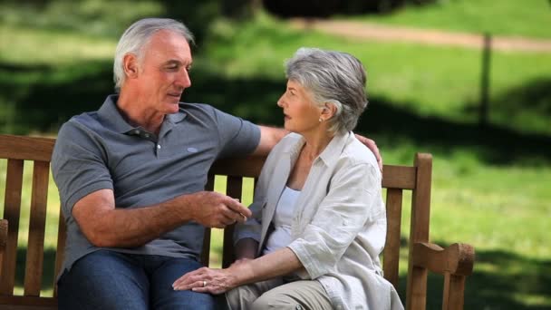 Couple aîné riant sur un banc — Video