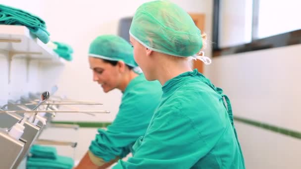 Nurses putting hands and forearms under water — Stock Video