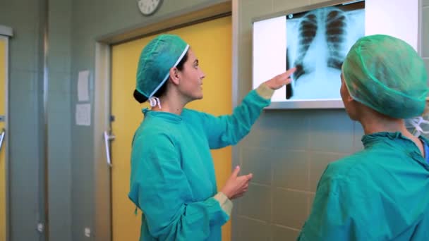 Два хирурга осматривают рентген — стоковое видео