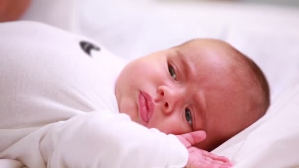 Новорожденный ребенок лежит на кровати рукой взрослого — стоковое видео