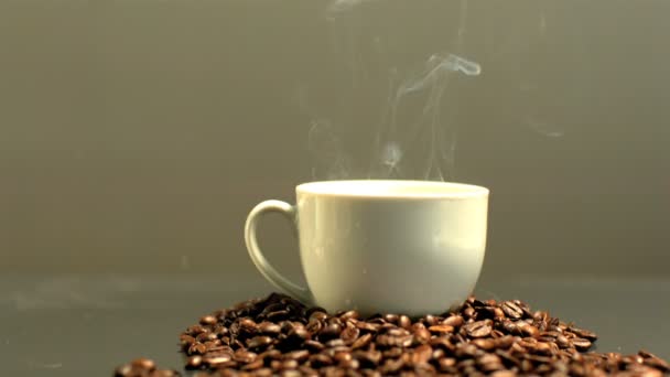 Steam rising from cup of coffee on pile of coffee beans — Stock Video