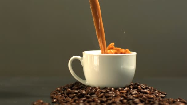 Koffie wordt gegoten in de beker op heuvel van koffie bonen — Stockvideo