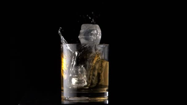 Cubos de hielo cayendo en whisky — Vídeos de Stock