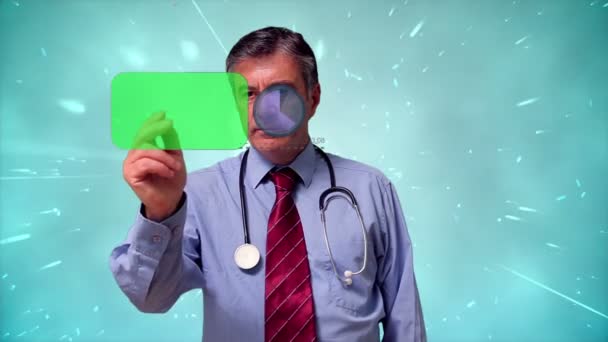 Médico usando interfaz futurista con espacio de copia — Vídeos de Stock