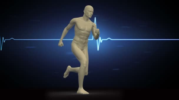 Ψηφιακό σώμα running επάνω υπόβαθρο ΗΚΓ — Αρχείο Βίντεο