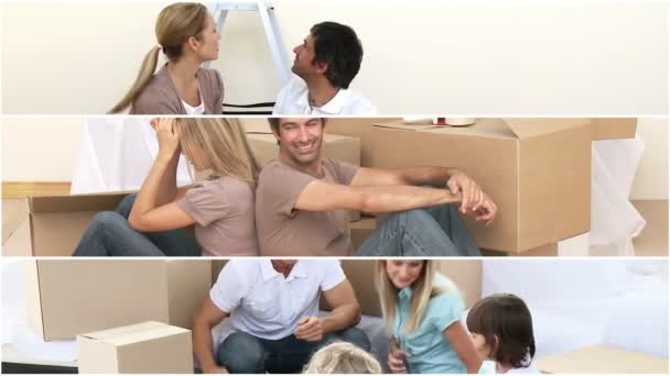 Animering av två familjer uppackning lådor — Stockvideo
