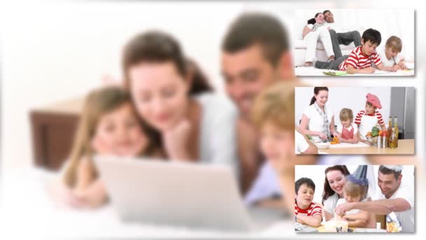 Animación de una familia sonriente usando un portátil — Vídeo de stock