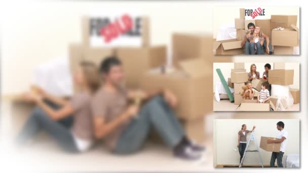 Montage av ett par flyttar med sina barn — Stockvideo