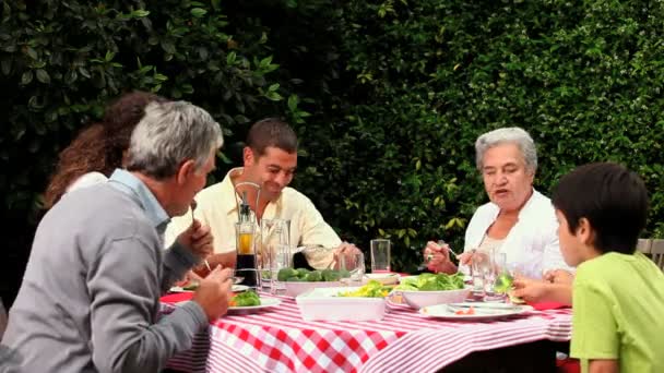 Familie maaltijd in de tuin — Stockvideo