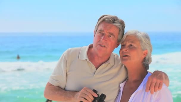 Mature couple using binoculars — Stock Video