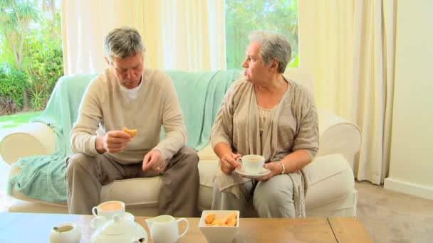 Mature couple sitting drinking tea and chatting — Stock Video