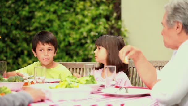 Enfants mangeant dans le jardin avec leur famille — Video