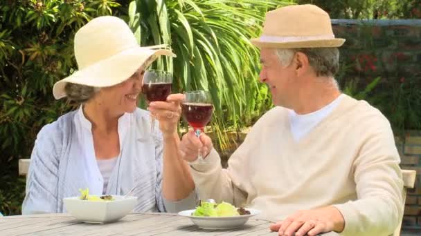 Mature couple enjoying red wine outdoors — Stock Video