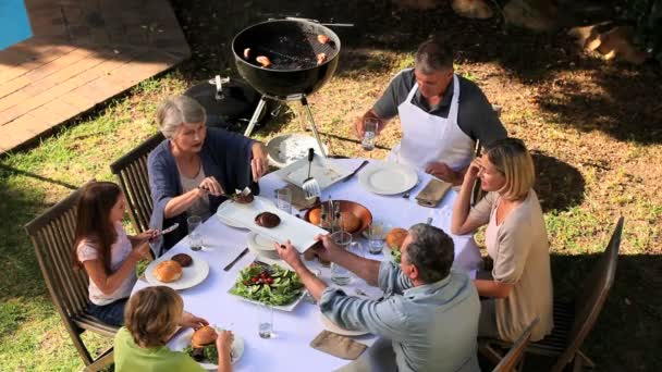 Comida de barbacoa familiar en el jardín — Vídeos de Stock