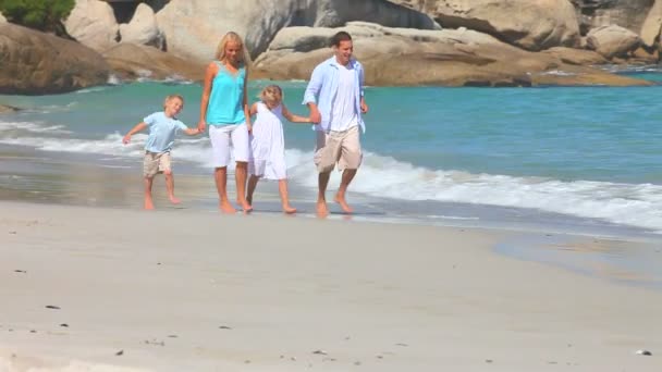 Familia caminando en una playa — Vídeos de Stock