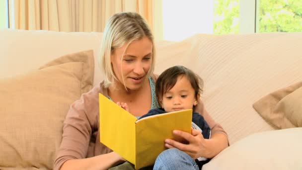 Donna che legge un piccolo libro a suo figlio — Video Stock