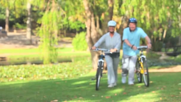 Ouder paar wandelen met hun fietsen — Stockvideo