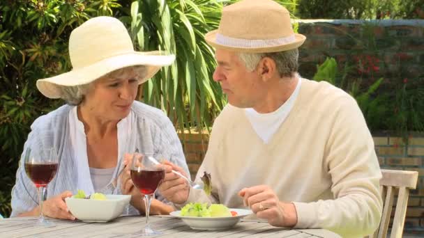 中高年カップルは庭で昼食をとった — ストック動画