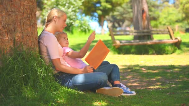 Mujer joven y su hija leyendo — Vídeos de Stock