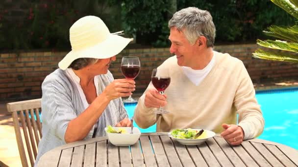 Reifes Paar trinkt Rotwein im Garten — Stockvideo