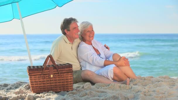 Äldre par kramas på en strand — Stockvideo
