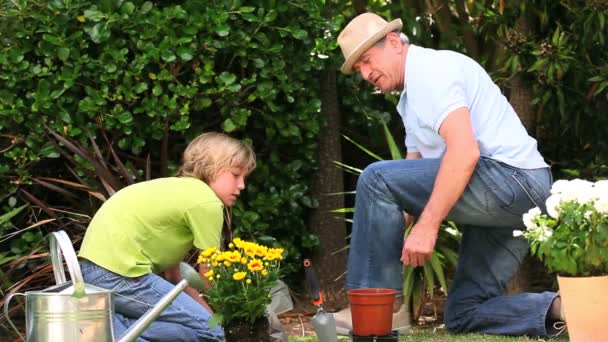 Father gardening with his son — Stock Video