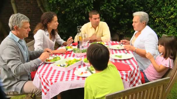 Familie lunch met grootouders in de tuin — Stockvideo