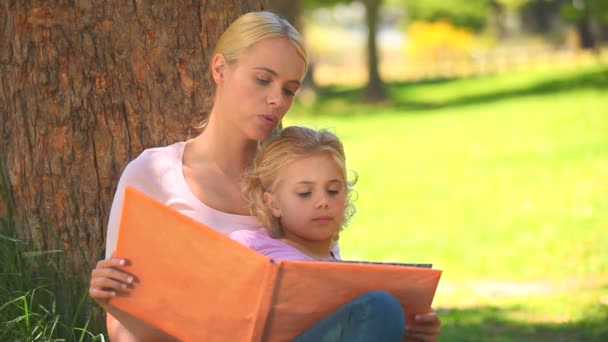 Jovem mãe e sua filha lendo um livro juntos — Vídeo de Stock