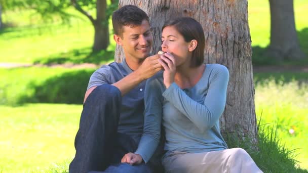 Молодая пара делит яблоко — стоковое видео