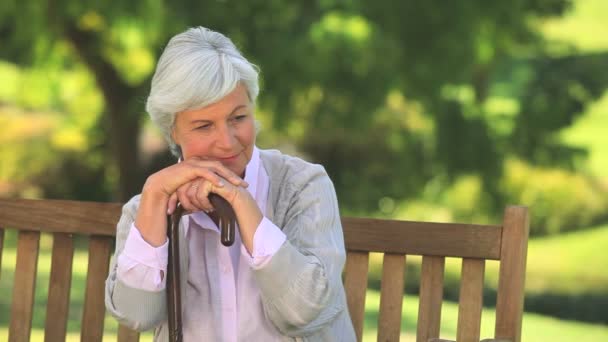 Volwassen vrouw denken houden haar wandelstok — Stockvideo