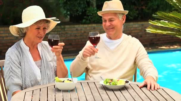 Ältere Paare genießen Wein mit ihrem Mittagessen im Freien — Stockvideo