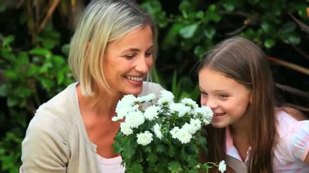 Mother and daughter smelling flowers — Stock Video