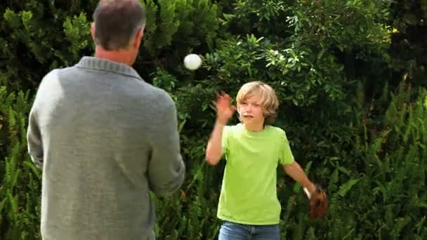 Father and son playing with a baseball ball — Stock Video