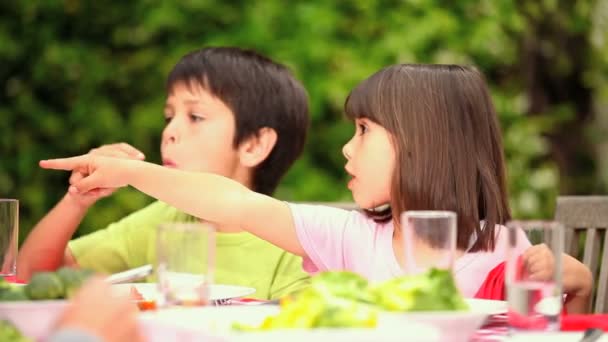 Kinder genießen Mittagessen im Garten — Stockvideo
